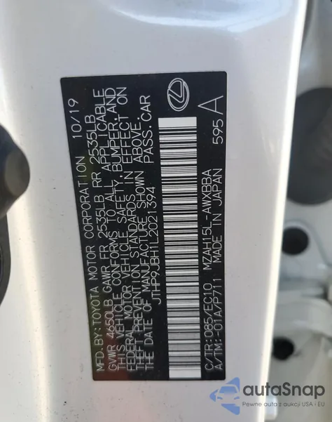 2020 Lexus Ux 250H из США, поврежденный, VIN JTHP9JBH1L2021394